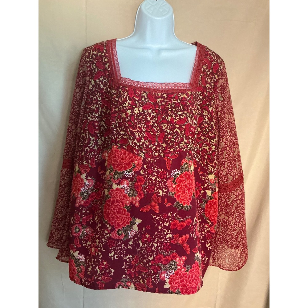 Faded Glory Blouse Women 18W Burgundy Excellent Floral Butterfly Lace Boho Top